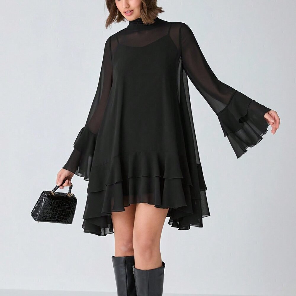 Black Casual Women's Romantic Elegant Chiffon Long-Sleeve ruffled hem dress